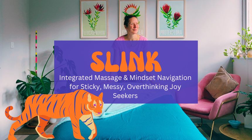 Oct 25 version Carrie, in her tree top studio in Sheffield, stands at the foot of her massage couch looking out of the window. The text reads Slink Integrated Massage and Mindset Navigation for Sticky Messy Overthinking Joyseekers